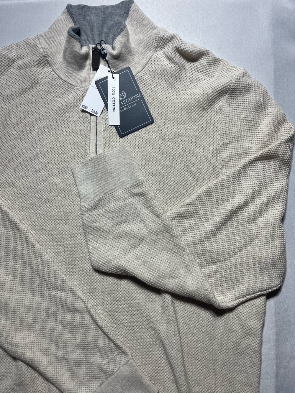 Magaschoni Men's XXLarge Quarter-Zip Textured Long Sleeve Sweater in Light Beige